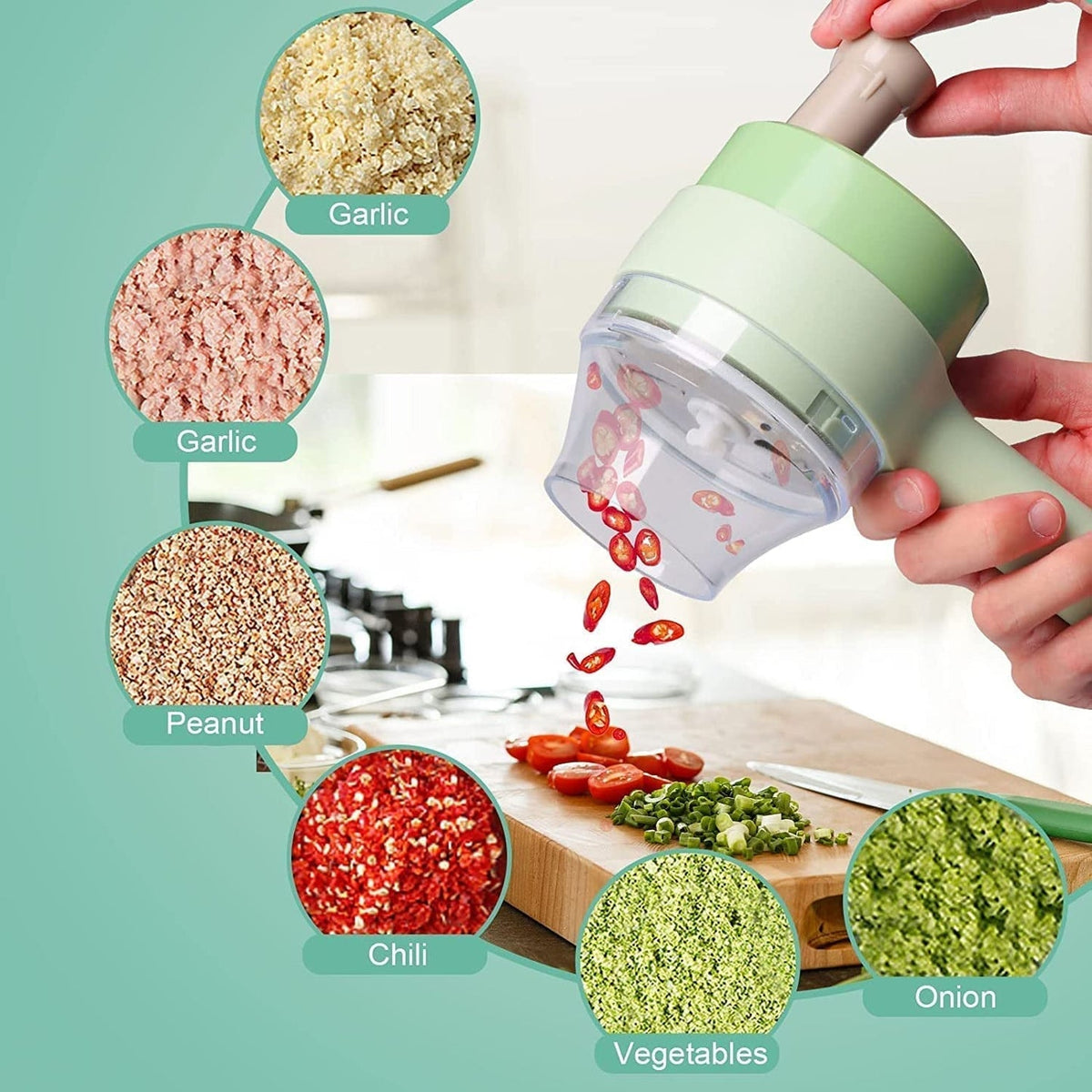 Green rechargeable handheld vegetable cutter set