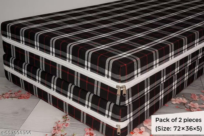 Checked Foldable Cotton Floor Mattress - 2 Piece Set