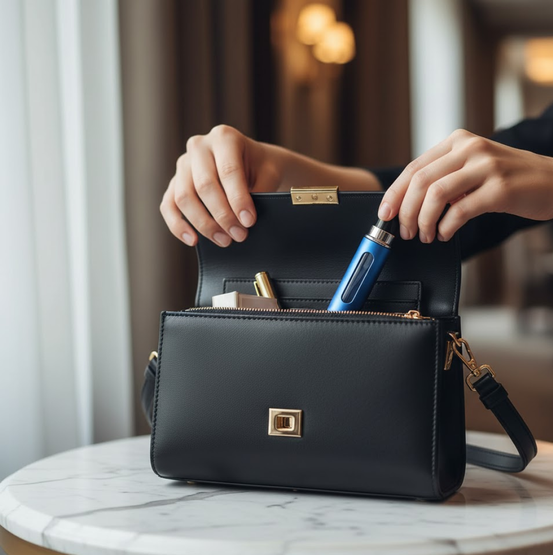 Travel perfume spray bottle in hand