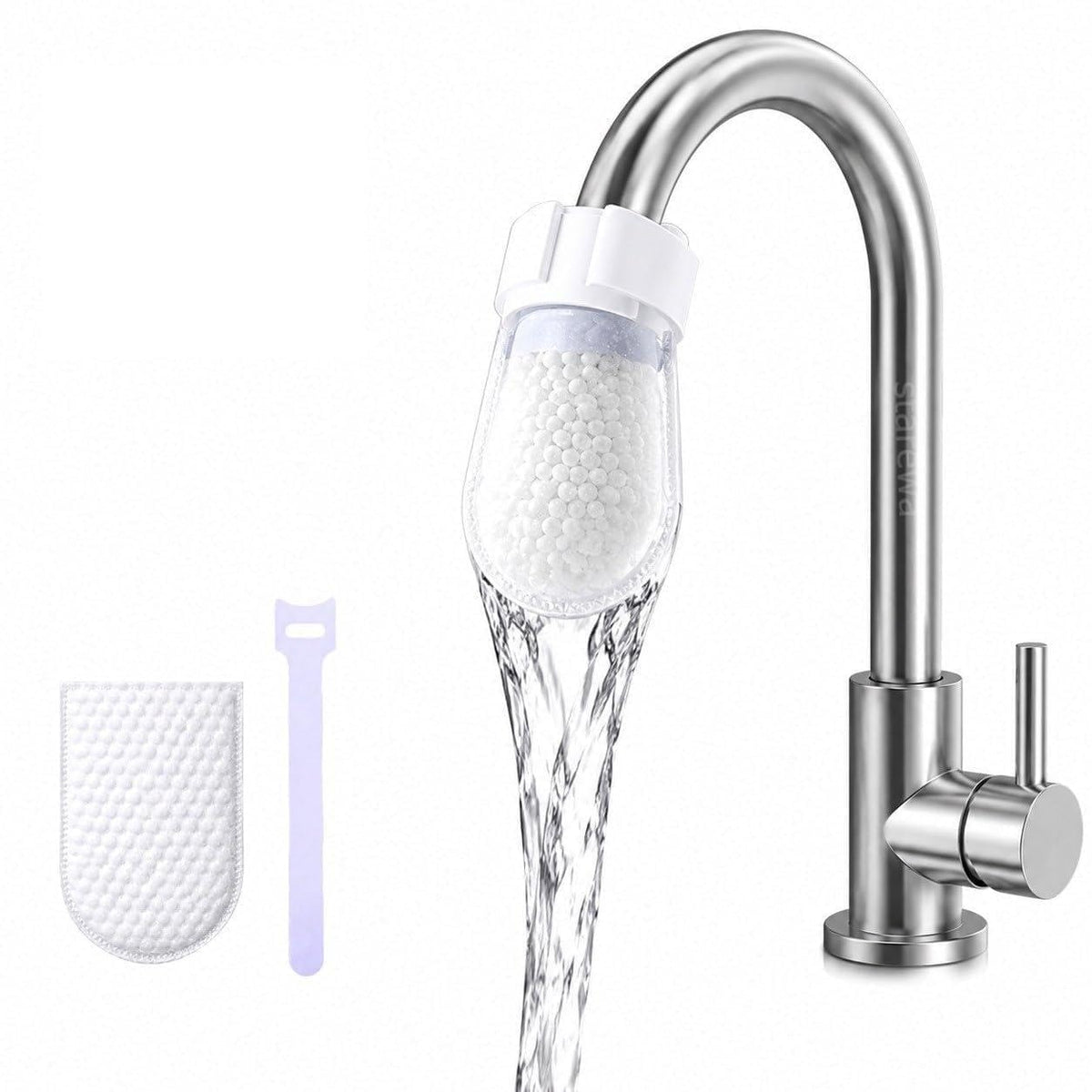 White reusable faucet filter bag secured to a curved kitchen tap