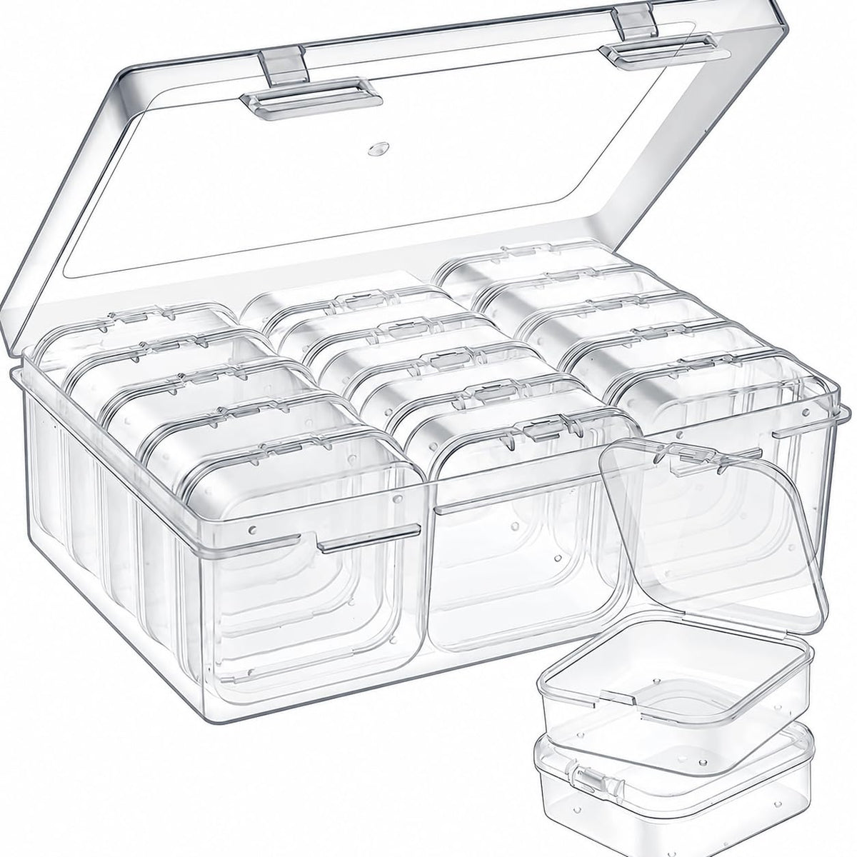 Clear jewellery organiser containing removable transparent mini cases