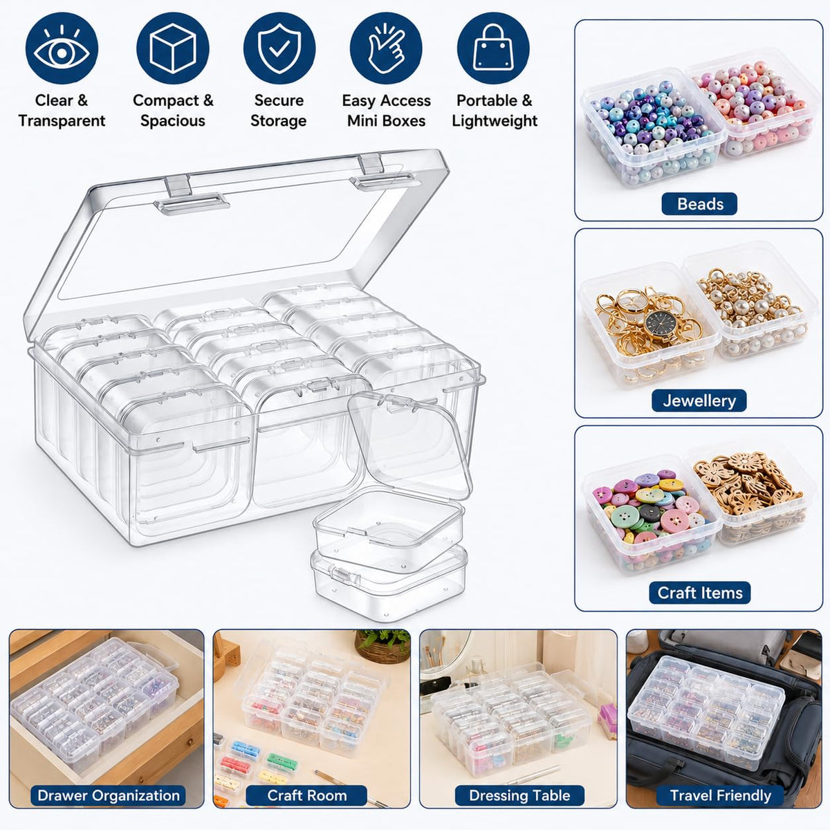 Clear Modular Jewellery Organiser with Removable Mini Cases - product view 2