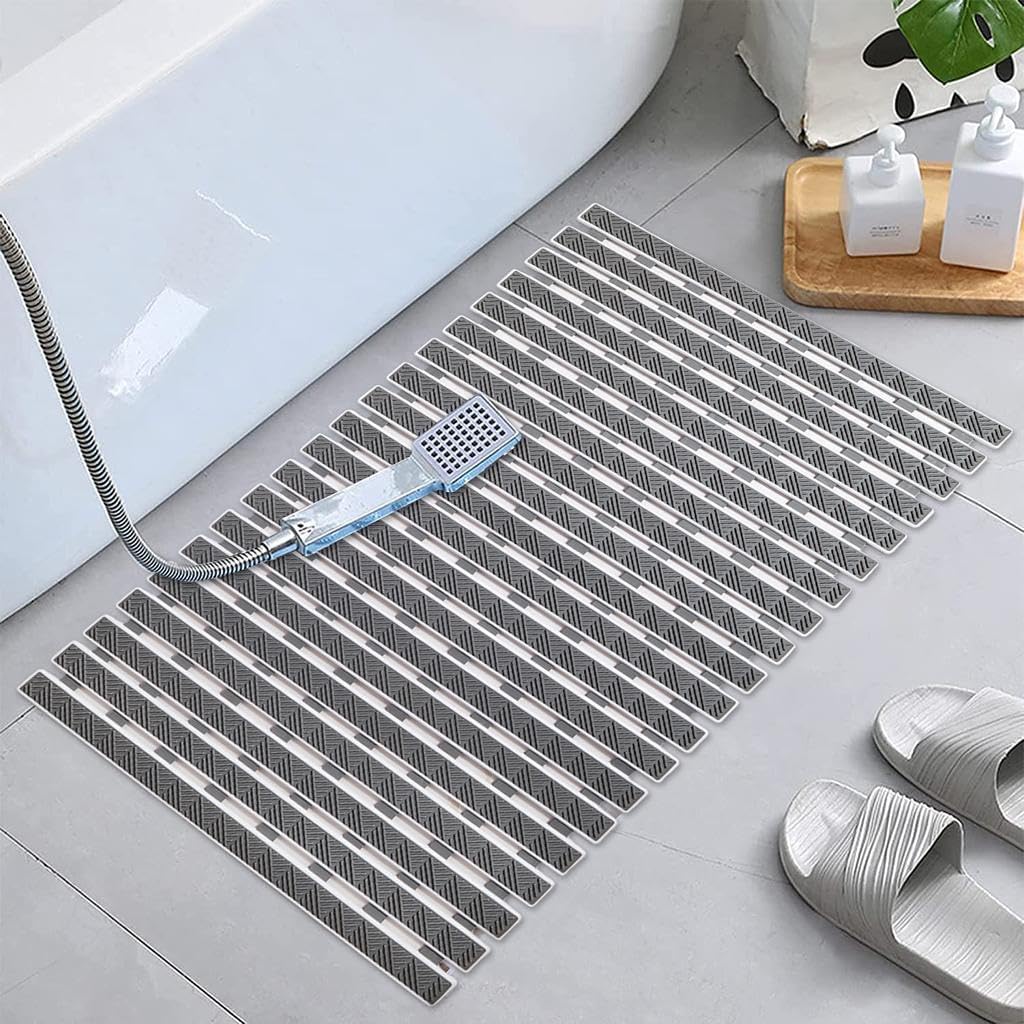Grey PVC anti slip shower mat with drainage holes and suction cups