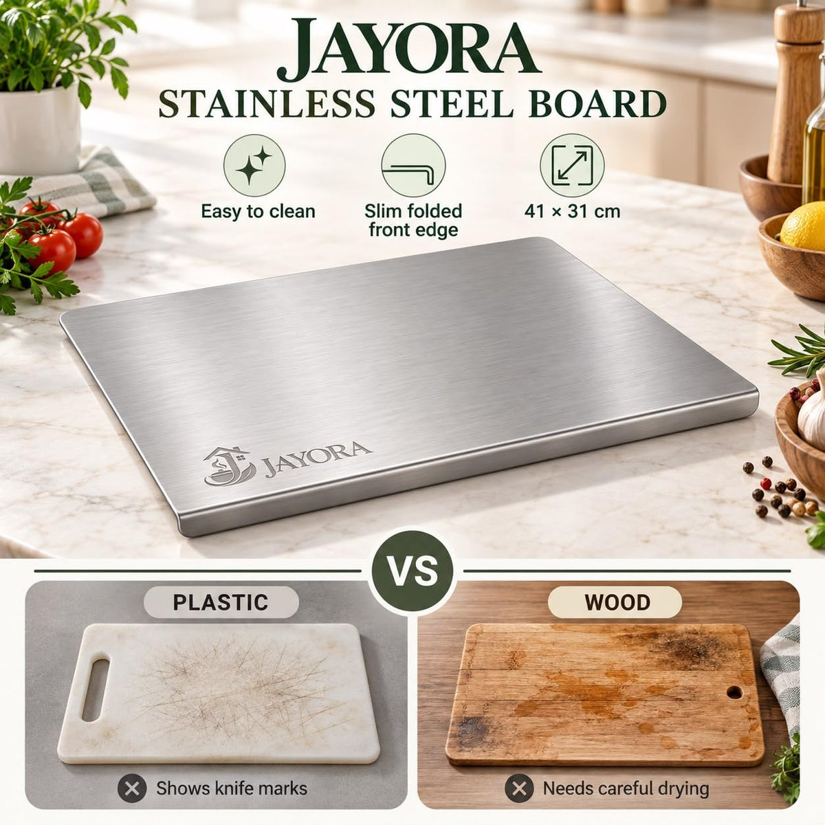Large Stainless Steel Countertop Cutting Board with Edge Lip - product view 3