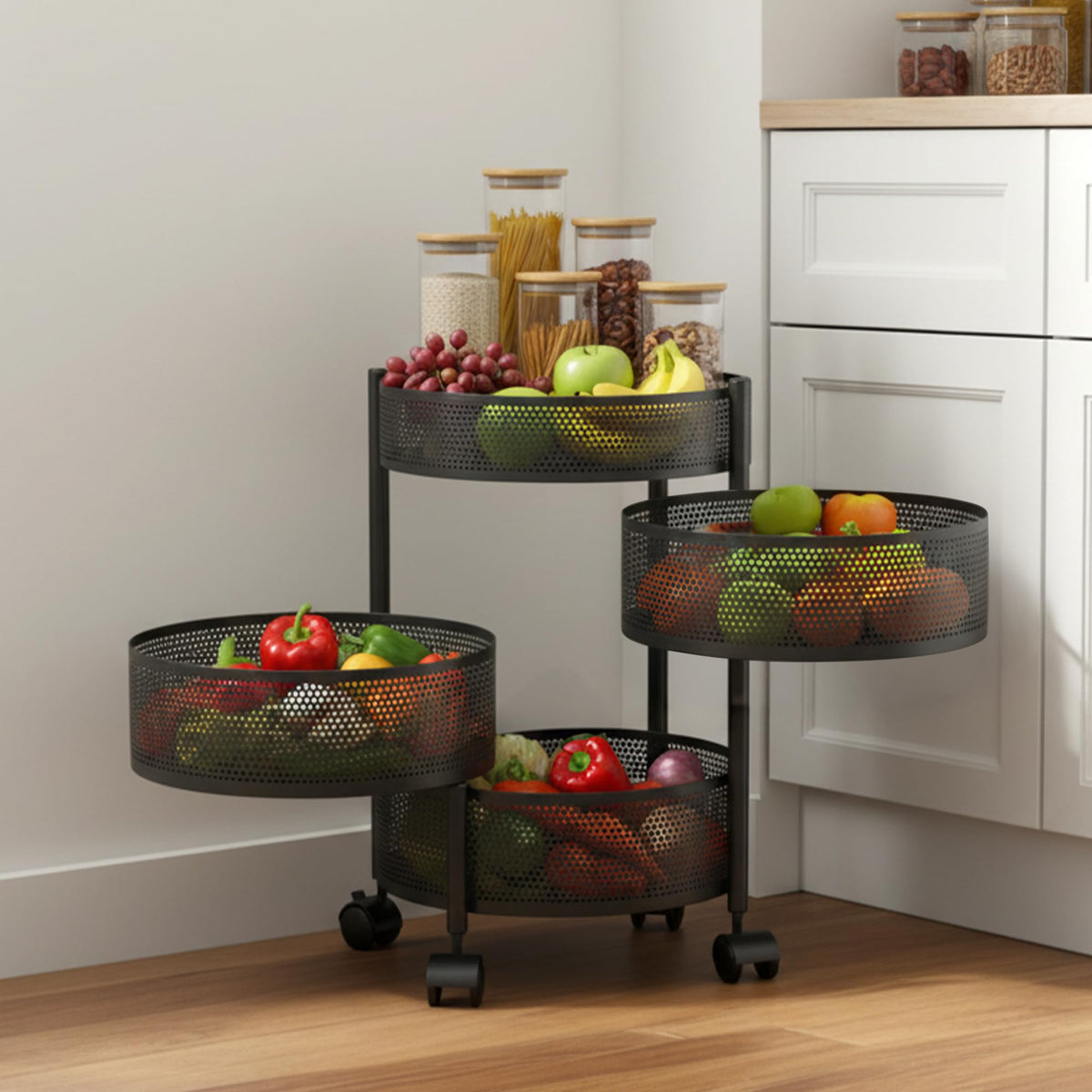 Black four tier round rotating kitchen storage trolley with wheels