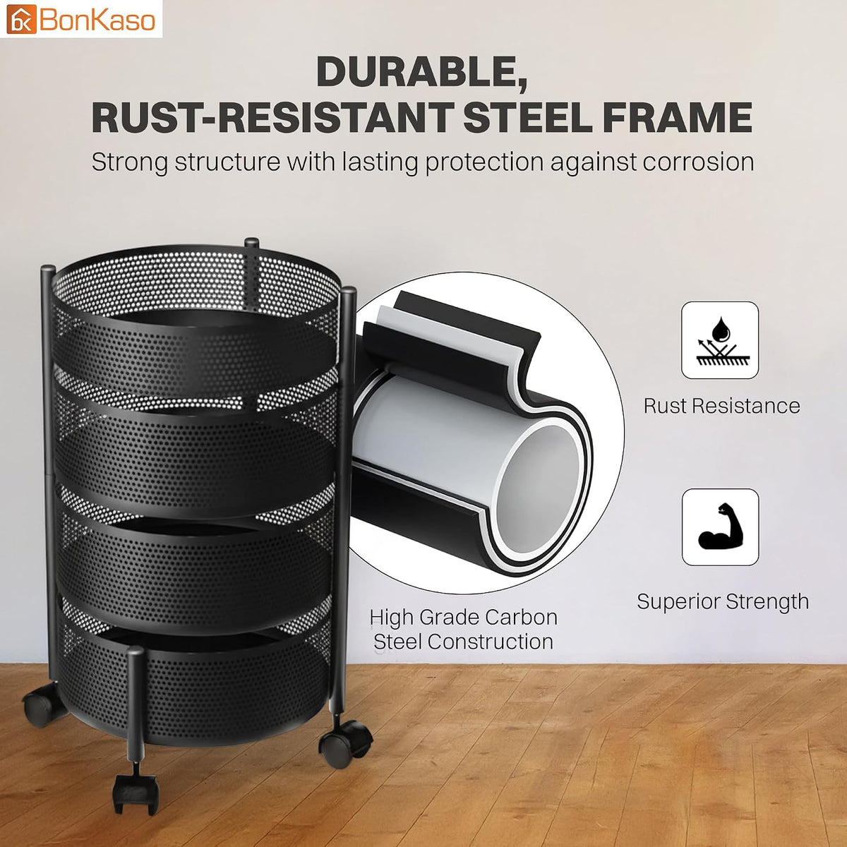 4-Tier 360-Degree Rotating Kitchen Storage Trolley - Black - product view 3