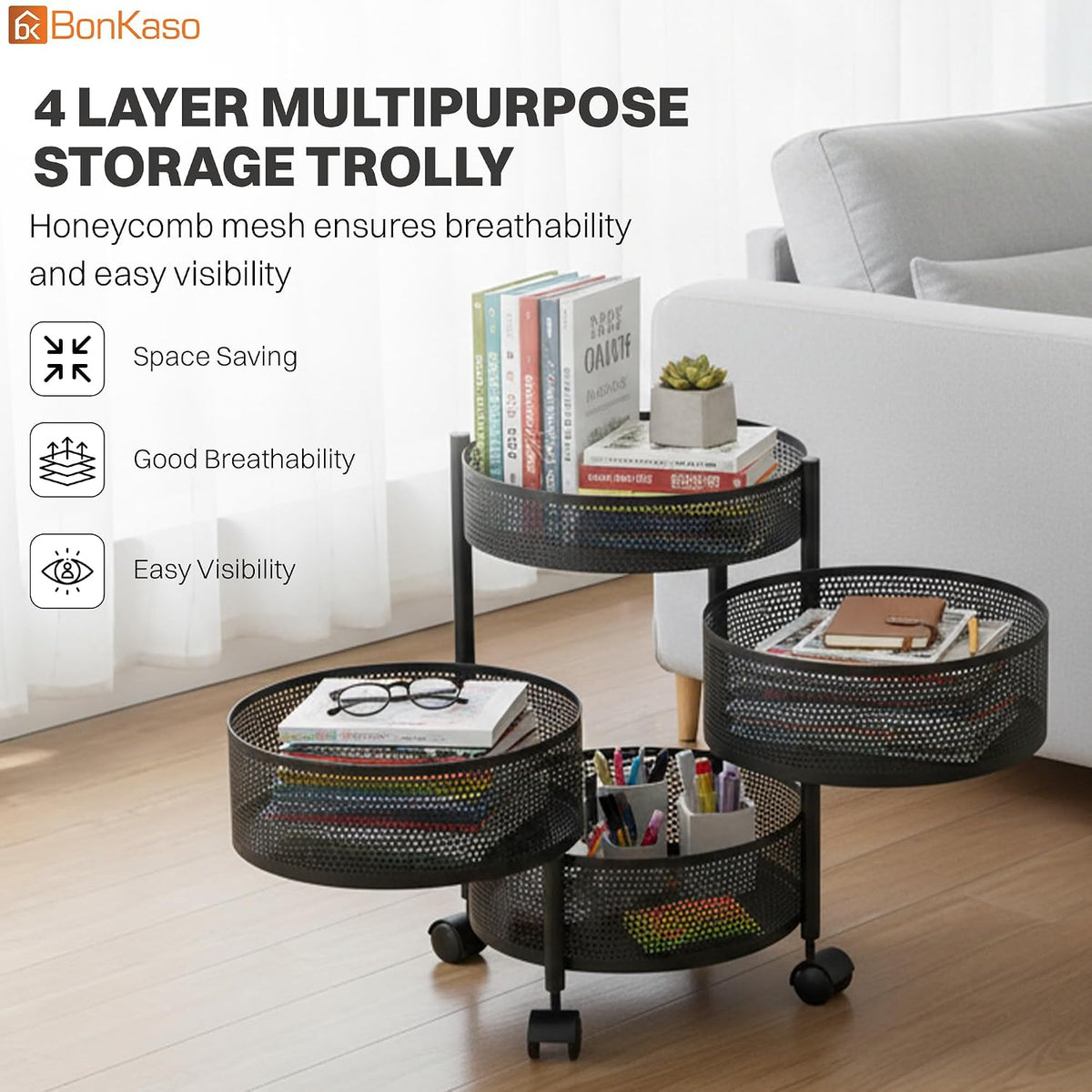 4-Tier 360-Degree Rotating Kitchen Storage Trolley - Black - product view 2