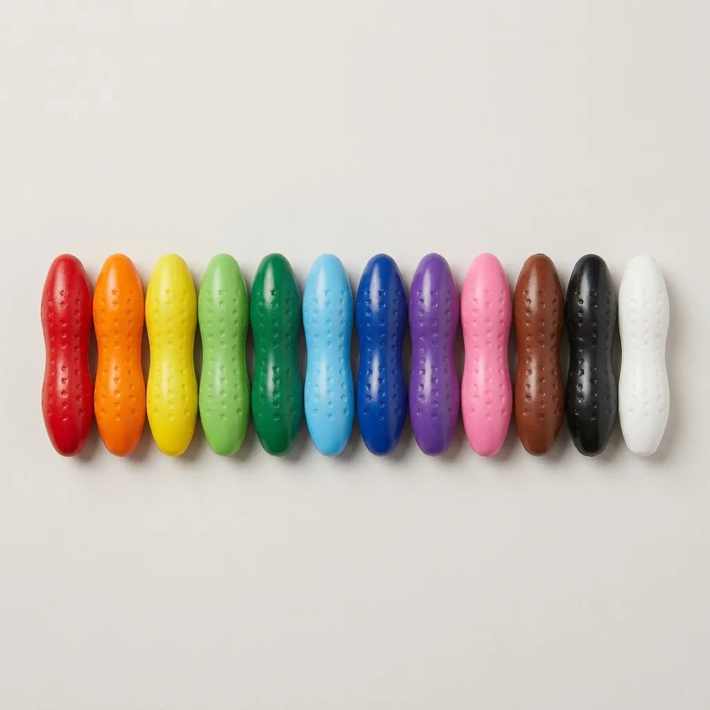 Peanut crayons arranged in storage tray