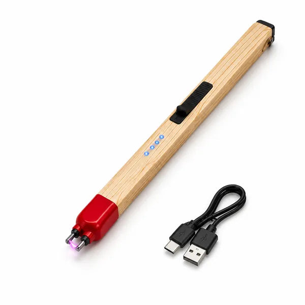 Wood-look matchstick-style rechargeable arc lighter with red tip and charging cable