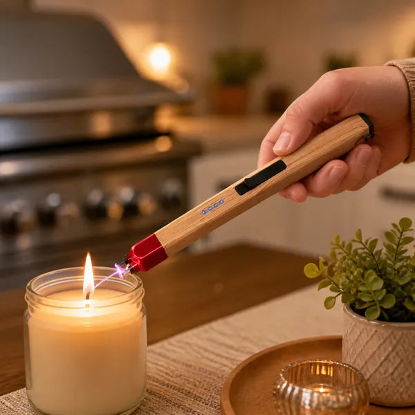Long matchstick-style arc lighter used to light a candle