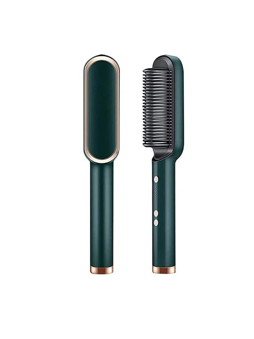 Green and gold straightening brush in use