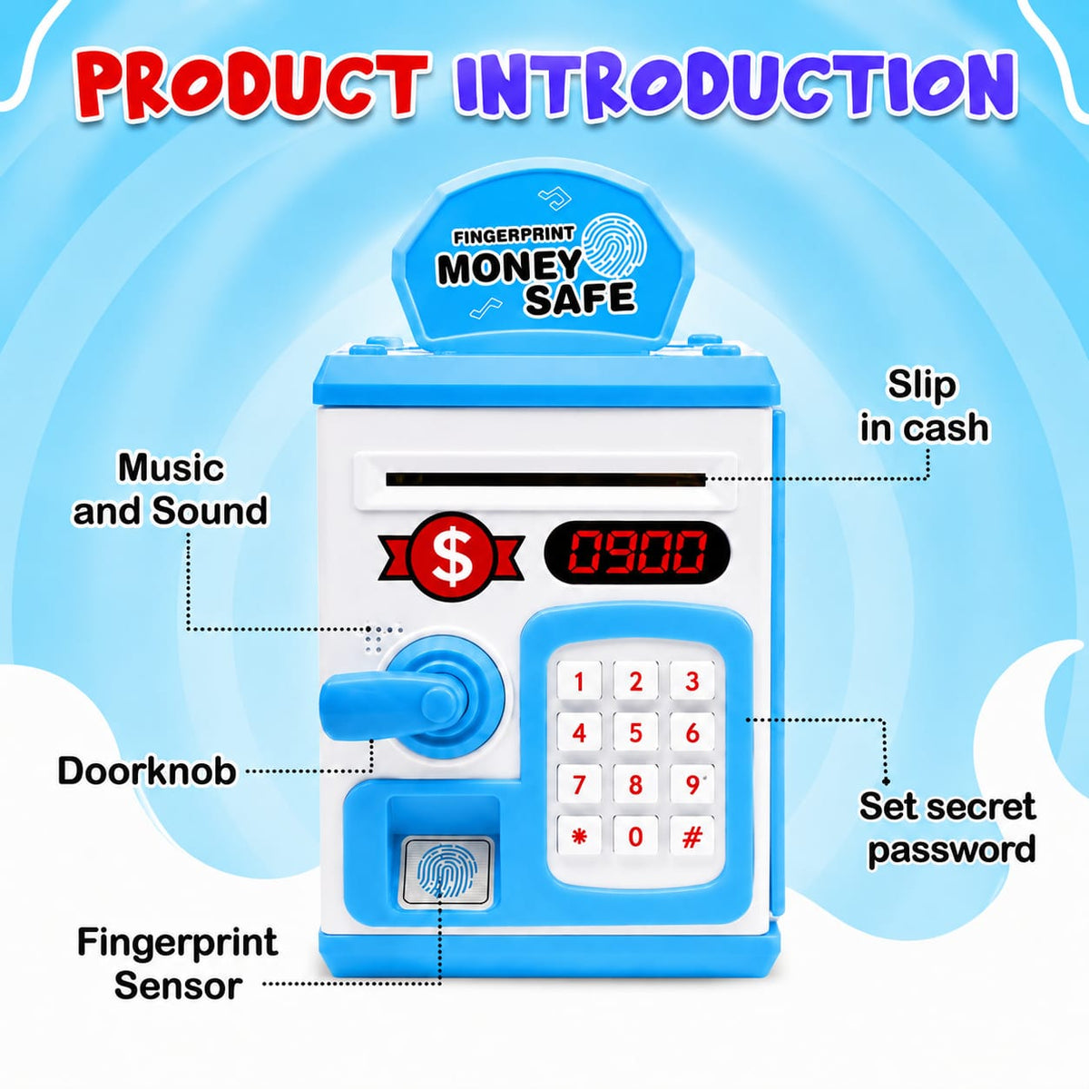 Blue and white ATM money bank with keypad, note slot, display, lever and simulated touch pad