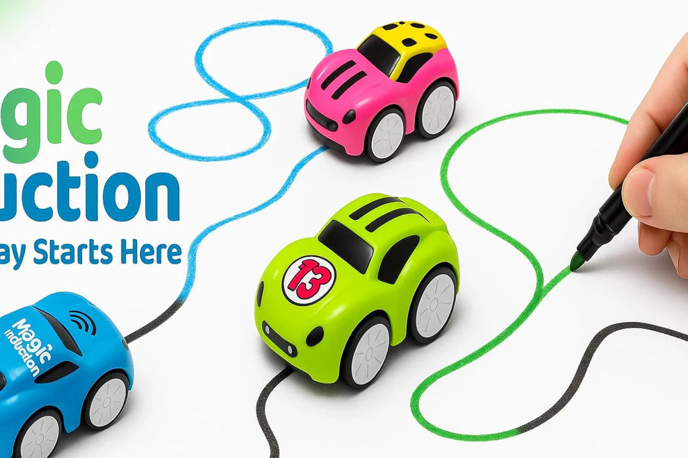 Assorted toy car colours following drawn tracks