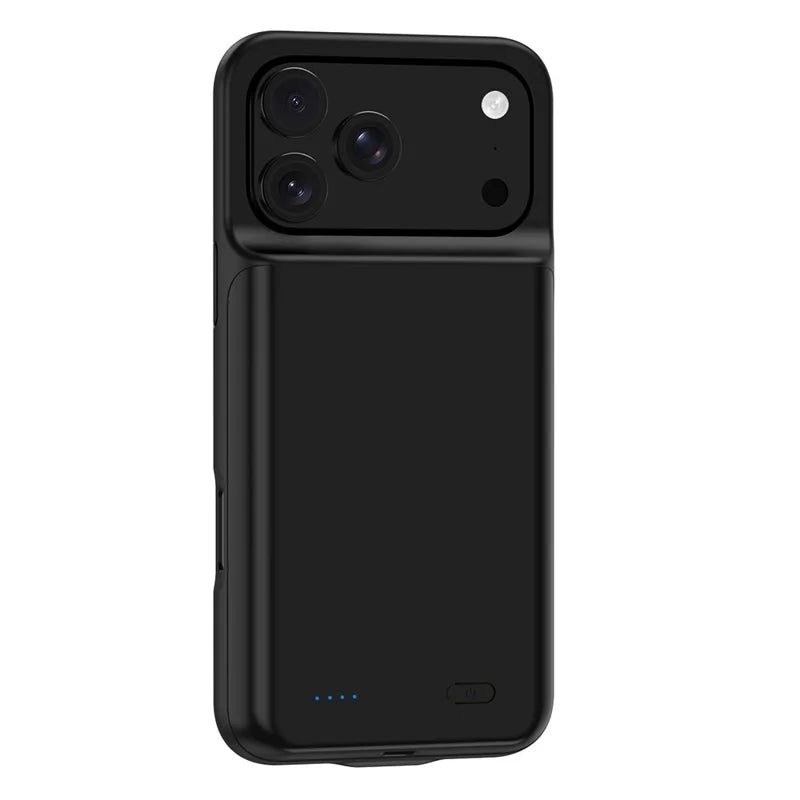 Black power bank battery case fitted to an iPhone 17 Pro Max, angled rear view