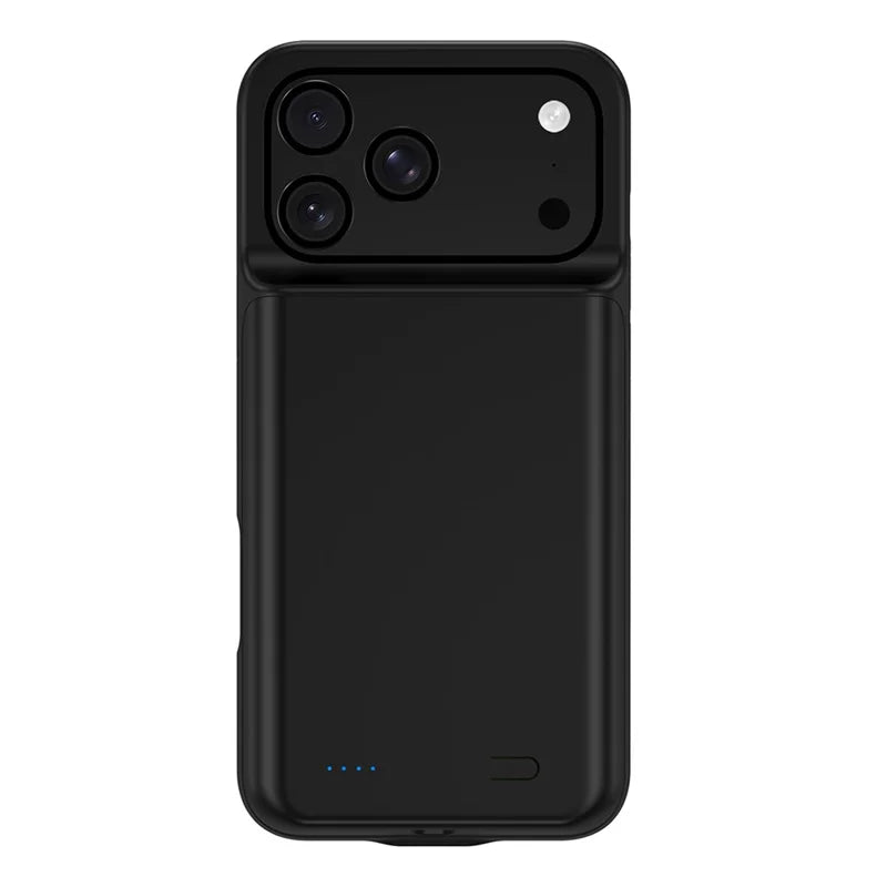 Rear of black iPhone 17 Pro Max battery case with four LED indicators and power button