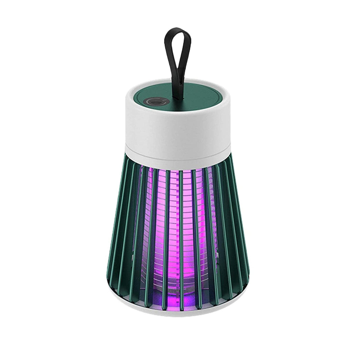 Green and white USB mosquito killer lamp with purple light, protective slats and a hanging loop