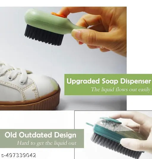 Green soap-dispensing brush details and refillable compartment