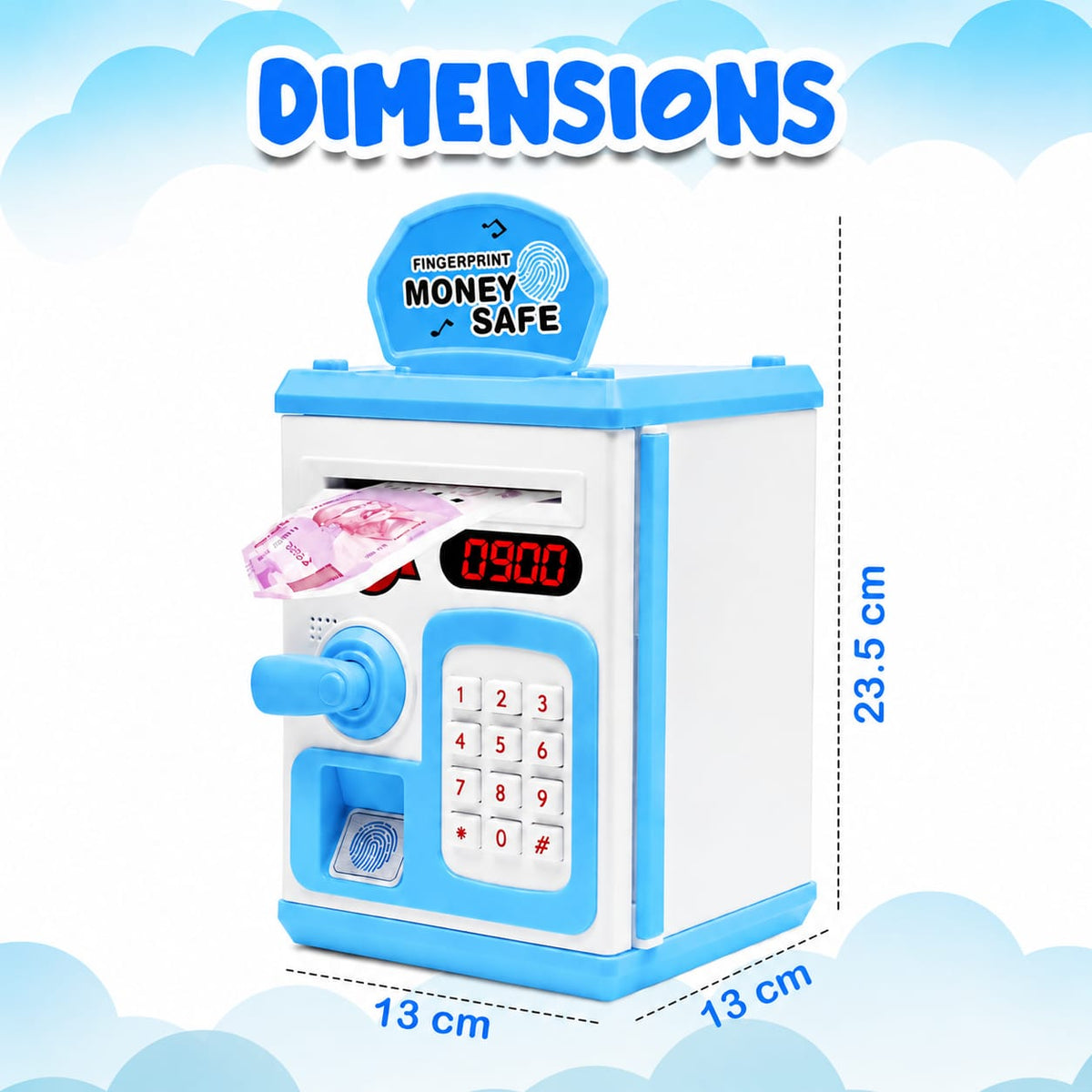 Supplier view of the blue and white ATM money bank accepting a paper note